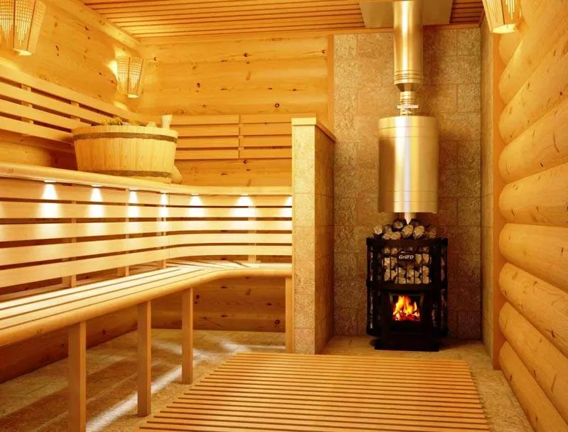 Piec w saunie opalanej drewnem ze zbiornikiem na wodę