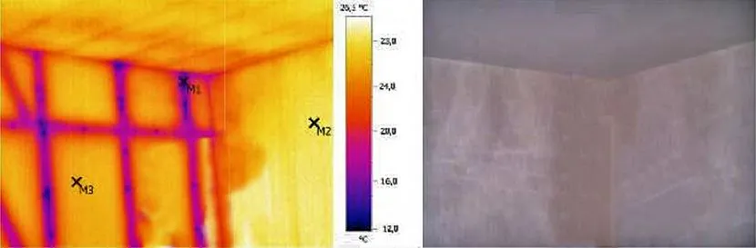 Termogram ściany z pojedynczą ramą: badanie termowizyjne narożnika pomieszczenia wykonano zimą przy niskich ujemnych temperaturach. Po prawej stronie znajduje się zdjęcie ściany (widzimy wewnętrzne materiały wykończeniowe), po lewej zdjęcie tej samej ściany na kamerze termowizyjnej (widzimy wyraźną ramkę - to mostki cieplne).