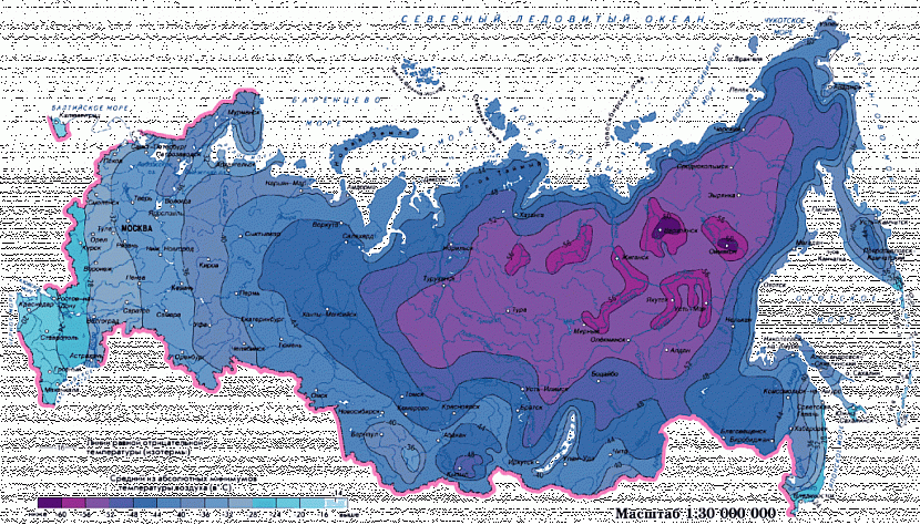 Карта середніх мінімальних температур по Росії