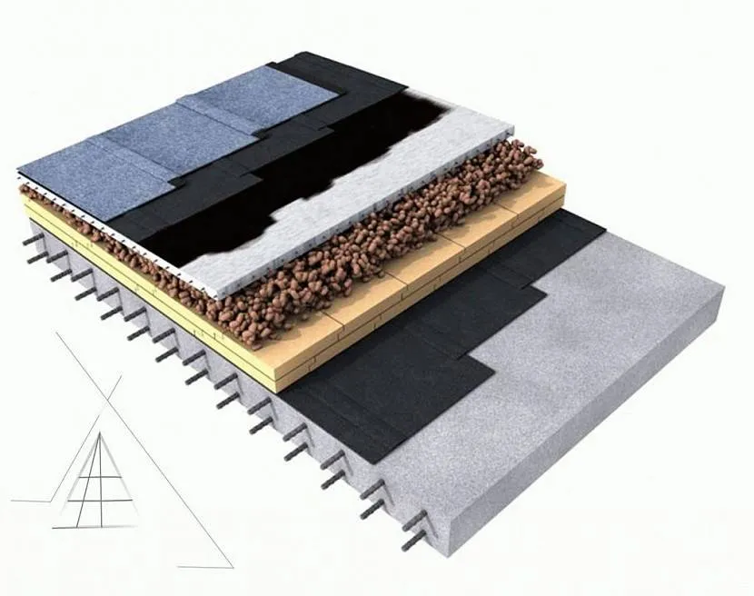 Схема розташування шарів різних матеріалів на утепленому плоскому даху, покритому рулонною покрівлею.