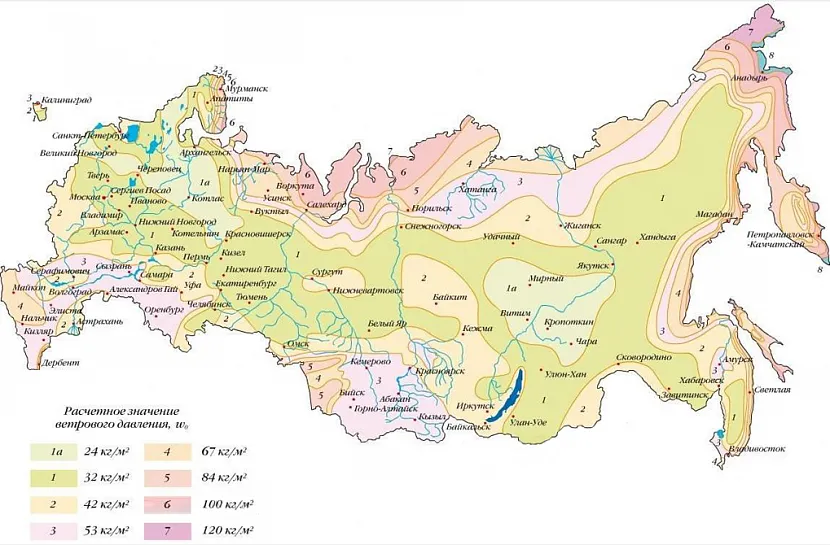 Mapa ze strefami naporu wiatru Federacji Rosyjskiej