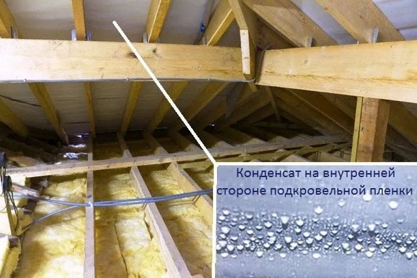 Через різницю між температурою за межами даху і в межах горищного простору на внутрішній поверхні покрівлі утворюється конденсат