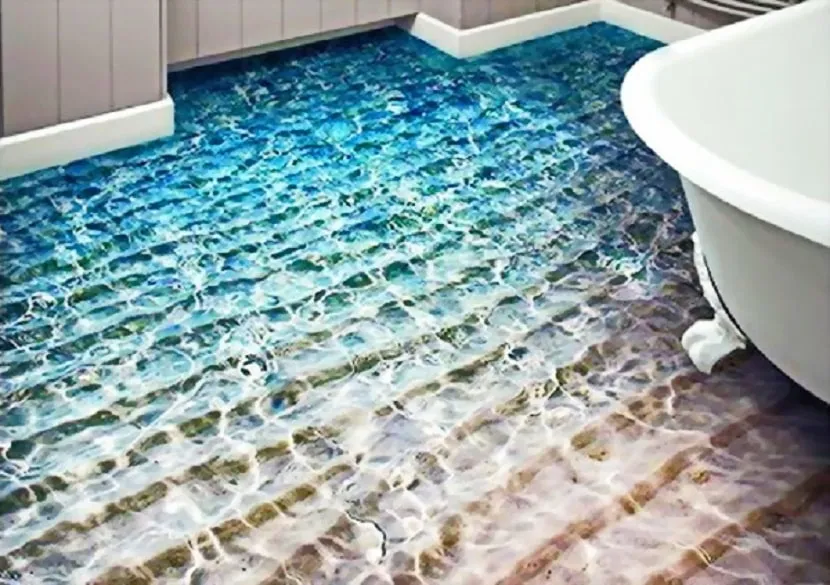 За допомогою методики 3D-зображень можна створити у ванній кімнаті унікальне місце, схоже на пляж або загублений острів