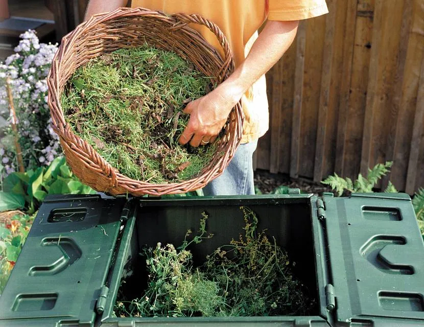 Suchy kompost należy zalać ciepłą wodą, dodać świeżą trawę, korę i wymieszać