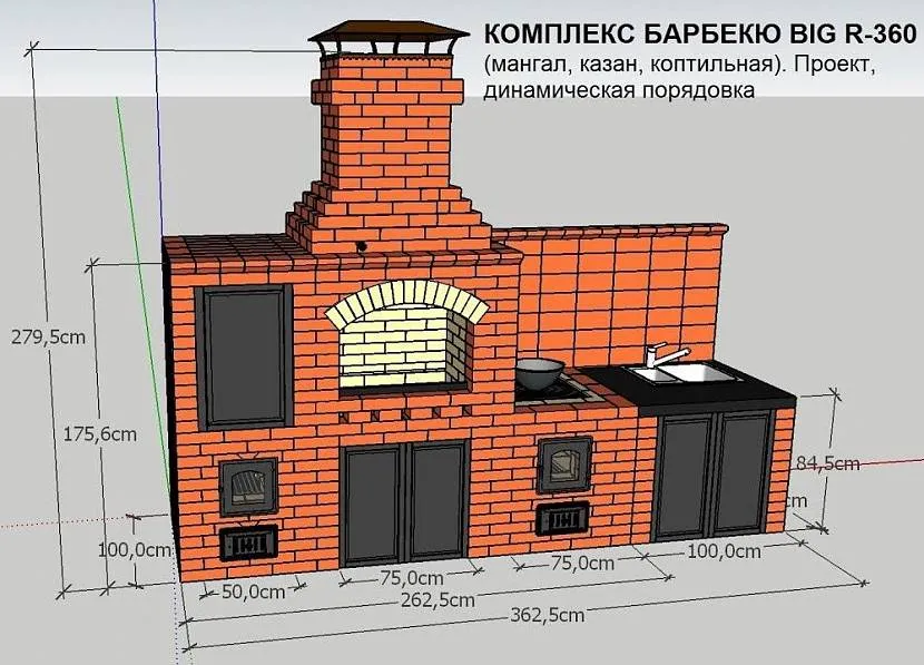 Печь с мангалом, казаном и коптильней