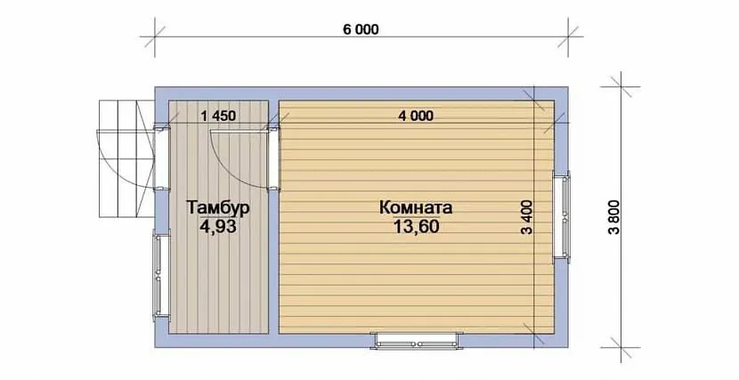 Варіант планування побутівки 6 на 3 з тамбуром та кімнатою