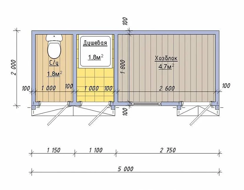 Планування госпблоку 5х2 з душем та санвузлом.