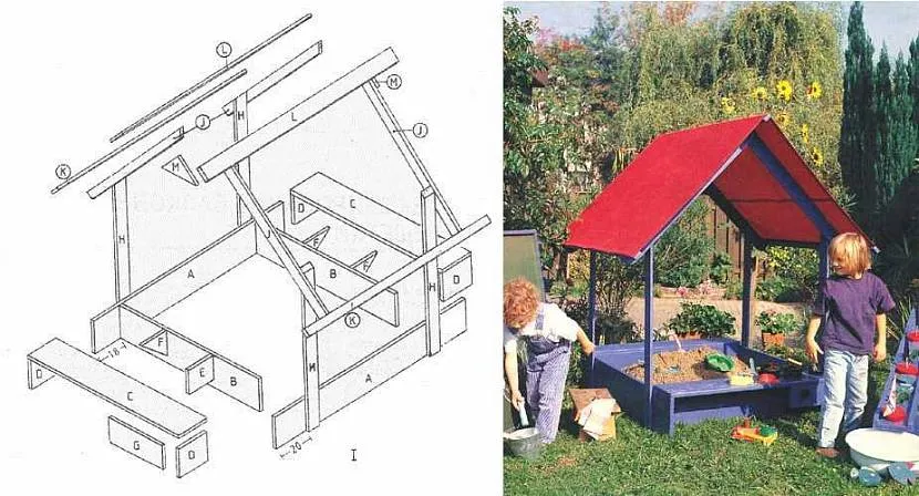 Готовий вигляд та необхідні деталі для пісочниці-будиночка.