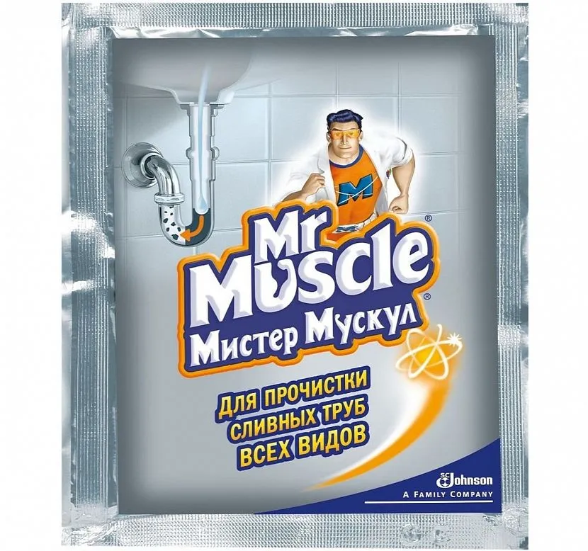 Oznacza "Mr. Muscle" całkowicie czyści zatkane i słabo przejezdne rury odpływowe, niszczy drobnoustroje, eliminuje nieprzyjemne zapachy