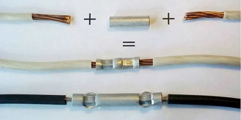 Якщо з'єднання проводів робиться з метою подовження лінії, їх стик повинен розташовуватися по центру гільзи