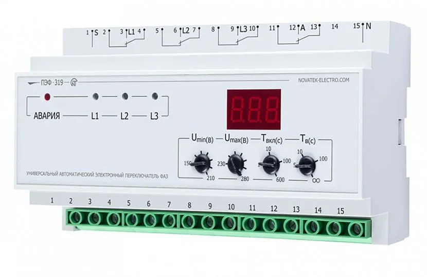 Ten przełącznik fazowy jest przeznaczony do zasilania jednofazowych odbiorników przemysłowych i domowych 230/240 V 50 Hz z sieci trójfazowej czteroprzewodowej (3x400+N)