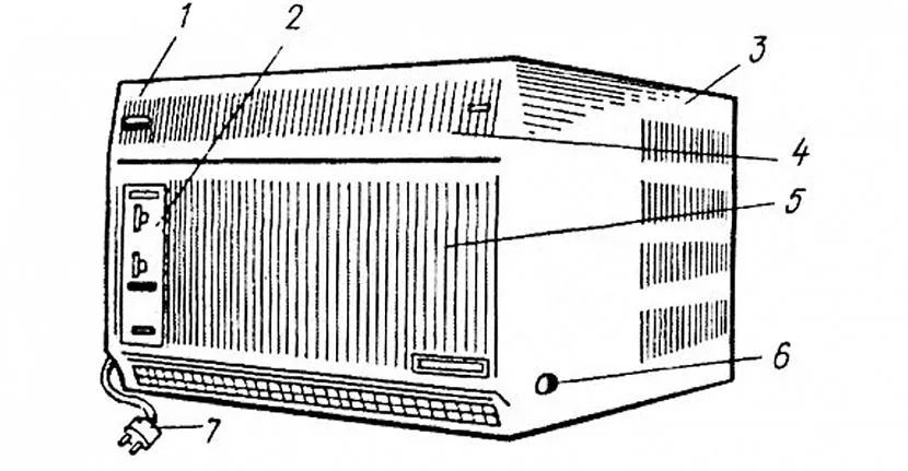 1) kratka obrotowa, 2) panel sterowania, 3) - obudowa, 4) panel przedni z filtrem powietrza, 5) panel z przesłonami, 6) śruba mocująca panel przedni