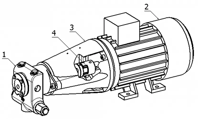 1 - pompa HP Technik; 2 - silnik elektryczny; 3 - wspornik montażowy urządzenia; 4 - sprzęgło