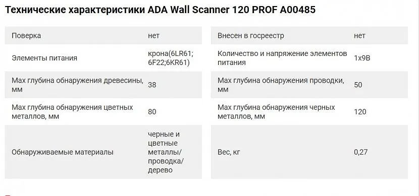 Технічні характеристики ADA instruments Wall Scanner 120 PROF