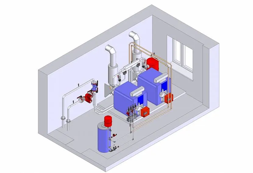 Plan aksonometryczny kotłowni gazowej na domek