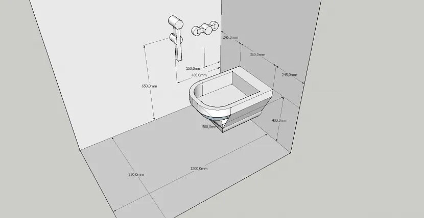 Przykład umieszczenia prysznica higienicznego z oznaczeniami rozmiaru