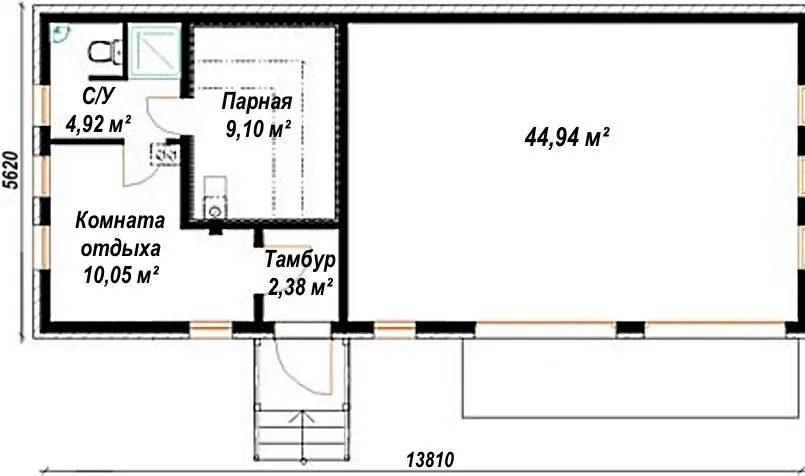 Одним із можливих варіантів може бути будиночок з двома дверима, де в одному приміщенні парна, туалет та кімната відпочинку, а інше призначене для господарських цілей