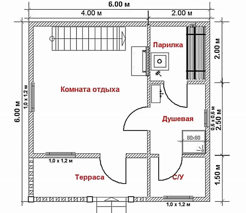 Варіант планування лазні 6 на 6 із мансардою