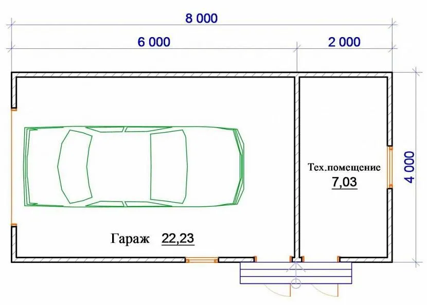 Схема гаража для 1 машини з госпблоком