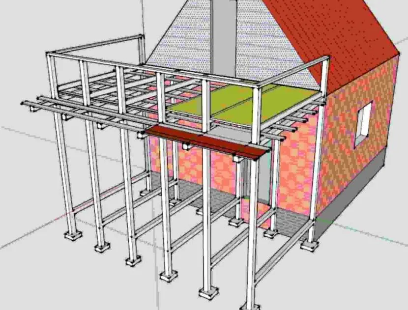 Схематичне зображення дачного будиночка з балконним каркасом на стовпах