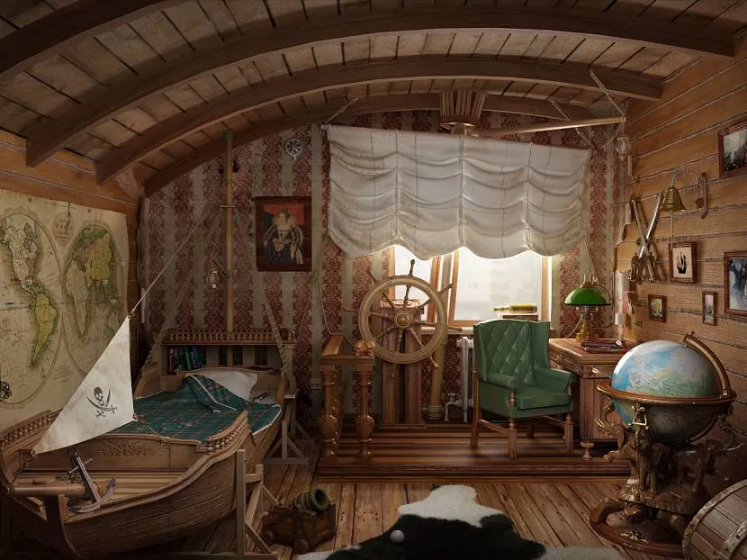 Mały pokój na poddaszu małego domku, wykonany na kształt kajuty statku pirackiego