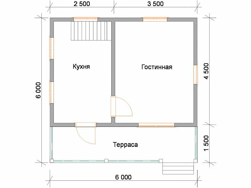 Планування будинку 6х6 з терасою та окремою кімнатою або робочим кабінетом