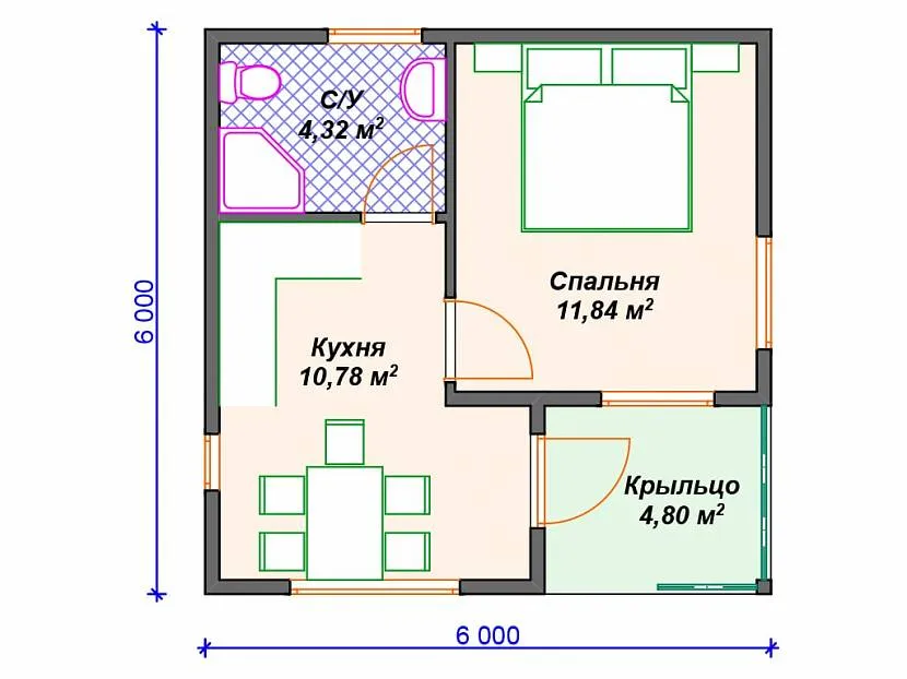 План будинку 6х6 з тамбурною кухнею для збереження тепла у будинку