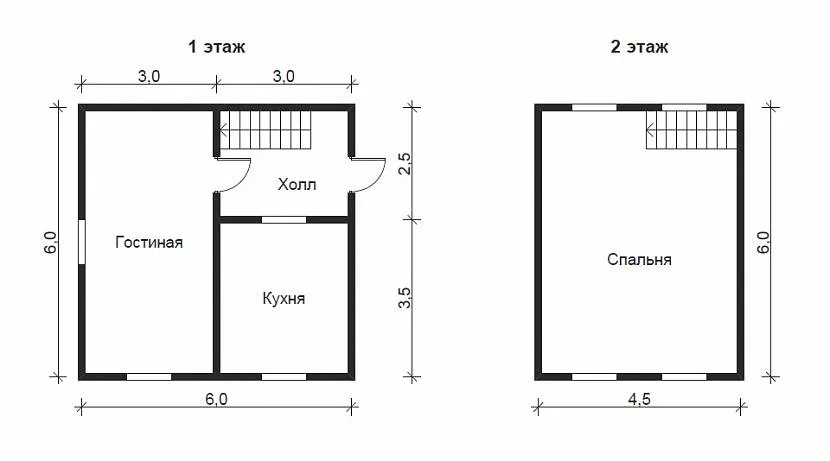 Варіант відкритого планування двоповерхового будинку площею 6х6
