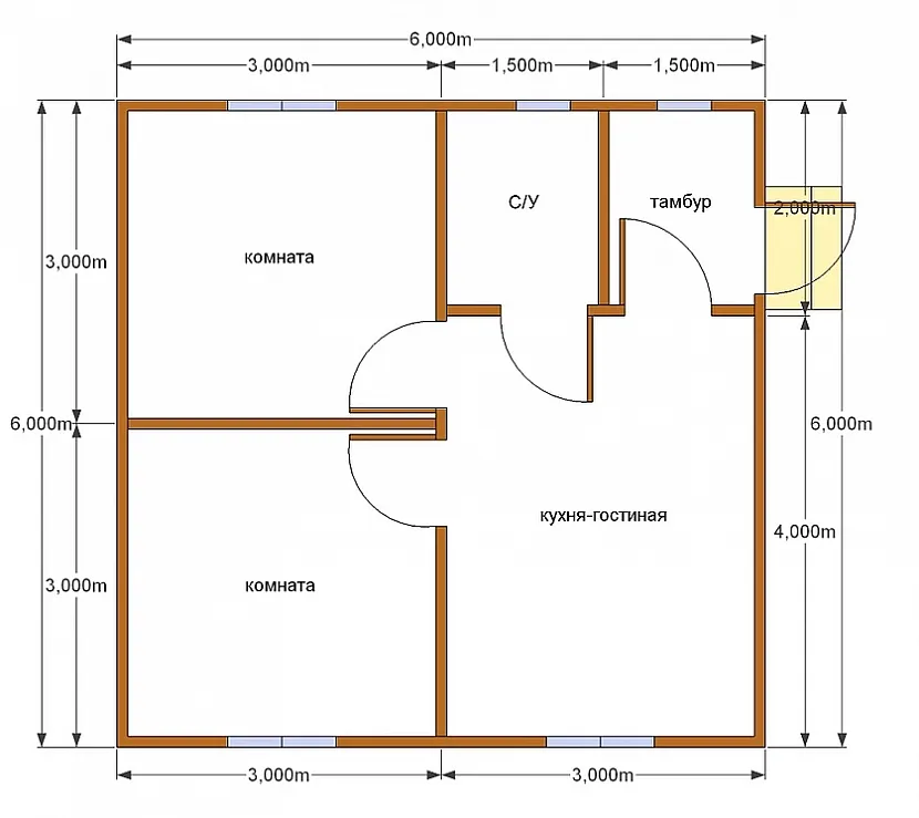 Планування будинку площею 6х6 із двома ізольованими кімнатами для батьків та дитини.