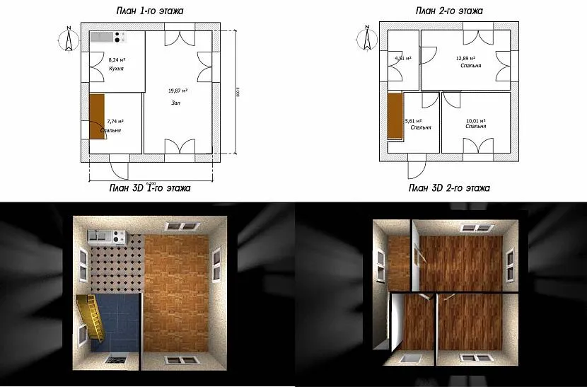 Раціональне розташування кімнат у двоповерховому будинку площею 6х6 без балкона та тераси