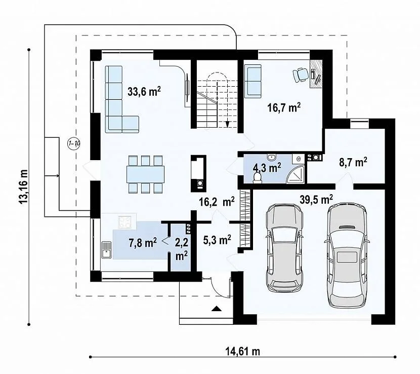 Projekt pierwszego piętra domu z garażem i werandą. Powierzchnia ponad 200 m2