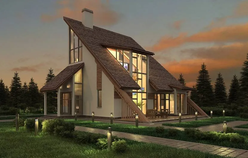 Dom o nieregularnym geometrycznym kształcie z solidną ramą