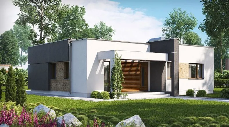 Klasyczny kompaktowy dom w stylu high-tech: połączenie betonu, kamienia i drewna w wykończeniu