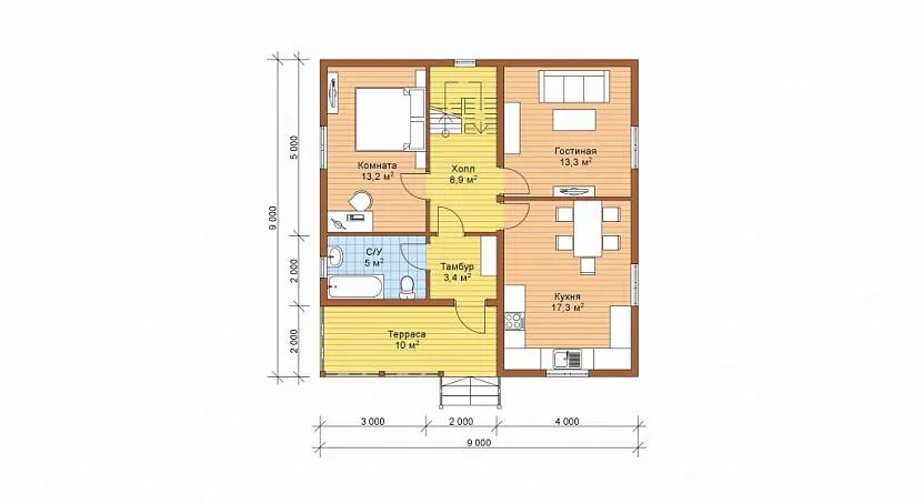 Jedna z możliwych opcji układu na pierwszym piętrze domu o wymiarach 9 na 9