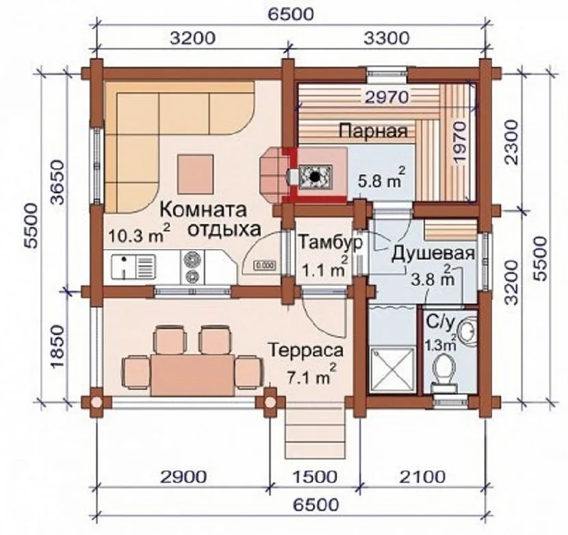 Układ wanny 6,5 na 5,5 m²