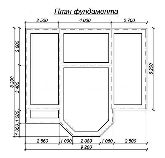 Fundament powtarza plan domu i pokazuje wszystkie jego ściany nośne