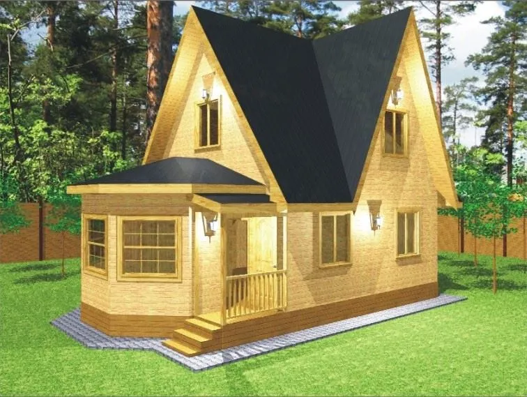 Projekt małego domu z drewna z wykuszem
