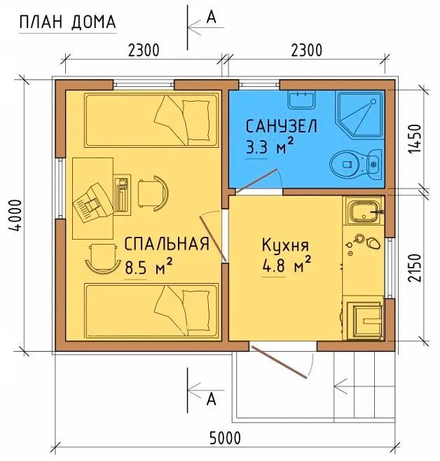 Dom jednopokojowy z jednym pokojem dziennym