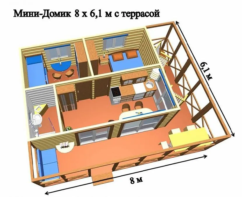 Планування одноповерхового каркасного будинку, що складається із двох житлових кімнат.