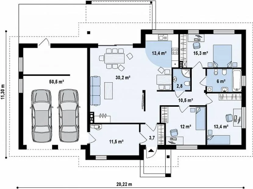 Планування каркасного будинку з гаражем під два автомобілі