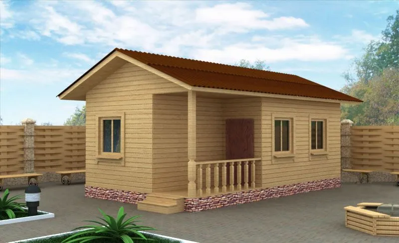 Dom z małym gankiem, wykończenie drewniane (imitacja), dach dwuspadowy, małe schodki prowadzą do drzwi wejściowych
