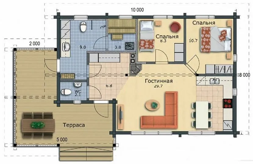 Приклад планування одноповерхового будинку з терасою для невеликої сім'ї – конструкція тераси також повинна враховуватися під час проектування фундаменту