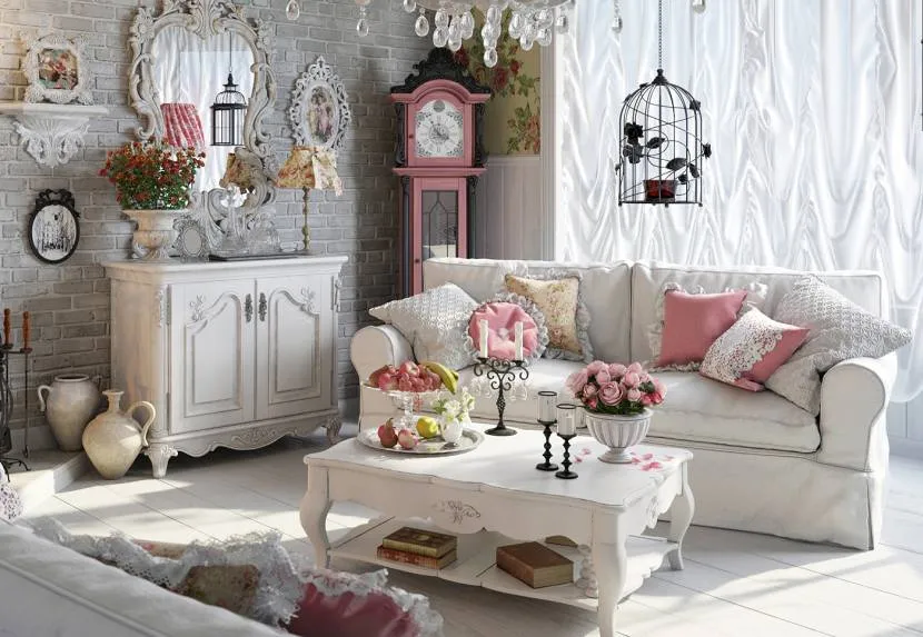 Salon z elementami shabby chic