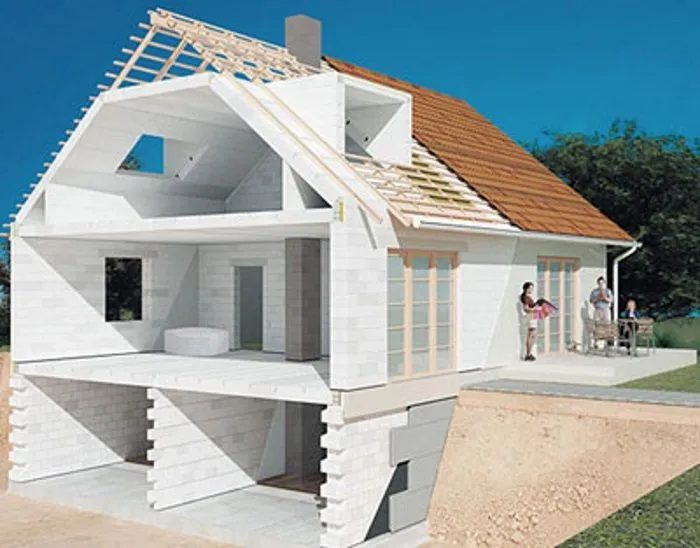 Одноповерховий будинок з газобетону з цокольним поверхом та мансардою