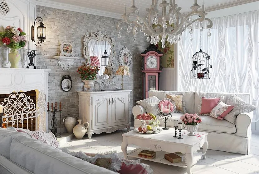 Korzystanie z szarej sofy w salonie w stylu shabby chic