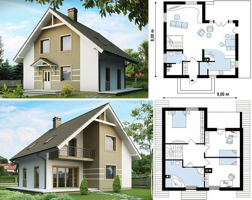 Projekt domu z poddaszem użytkowym i balkonem 9x9