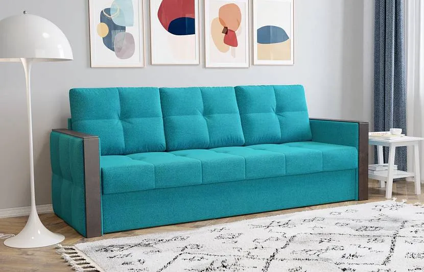 Prosta turkusowa sofa w salonie