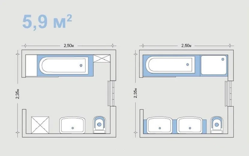 Два варіанти планування для приміщення із площею 5,9 кв. м