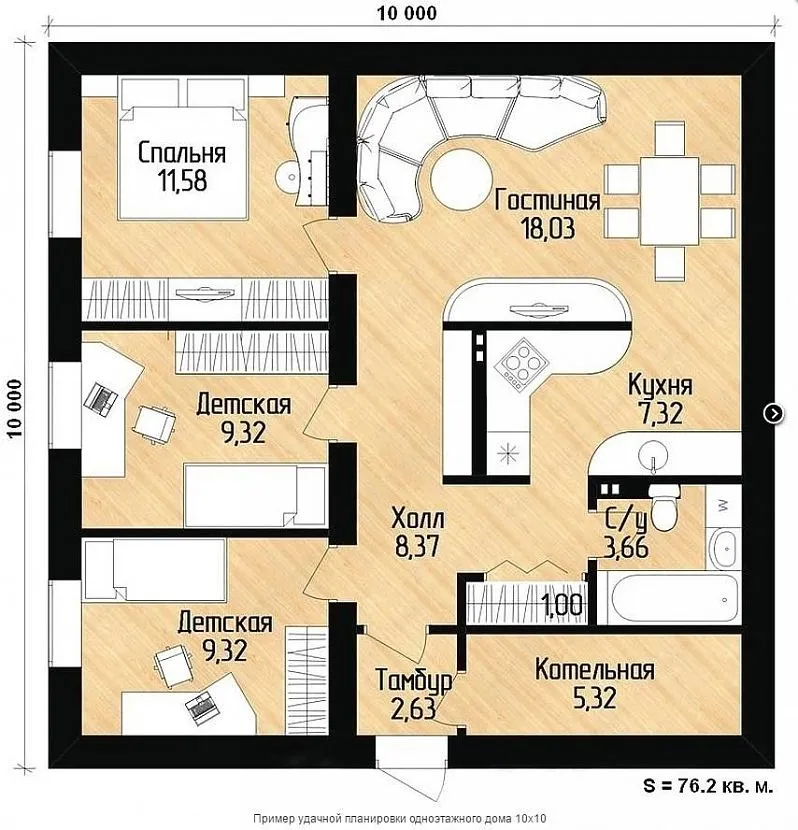 Przykładowy układ domu parterowego 10x10 m