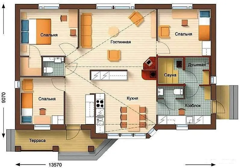 Przykładowy układ domku piankowego 9x13 m z sauną